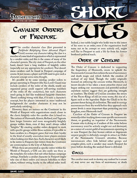 Pathfinder Short Cuts: Cavalier Orders of Freeport (PDF)